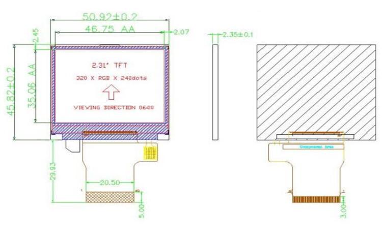 Polcd 컬러 262K 2.31 인치 평면 화면 300 Nit 320x240 tft 디스플레이 LCD
