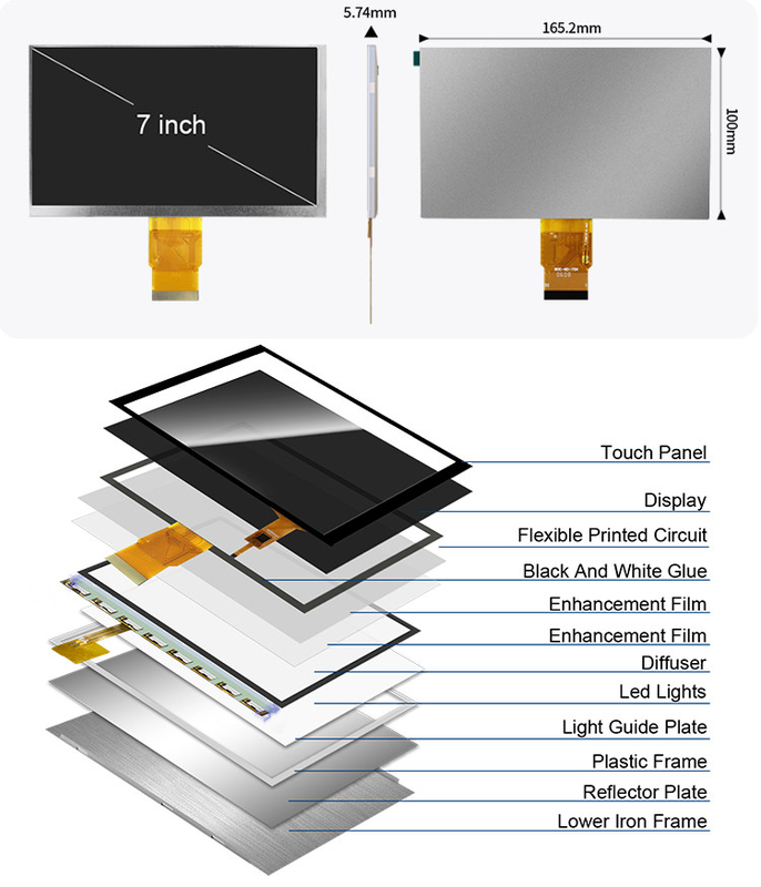 Polcd 7인치 Tft 모듈 800X480 고 밝기 IPS 화면 RGB 인터페이스 용량 터치 패널 7