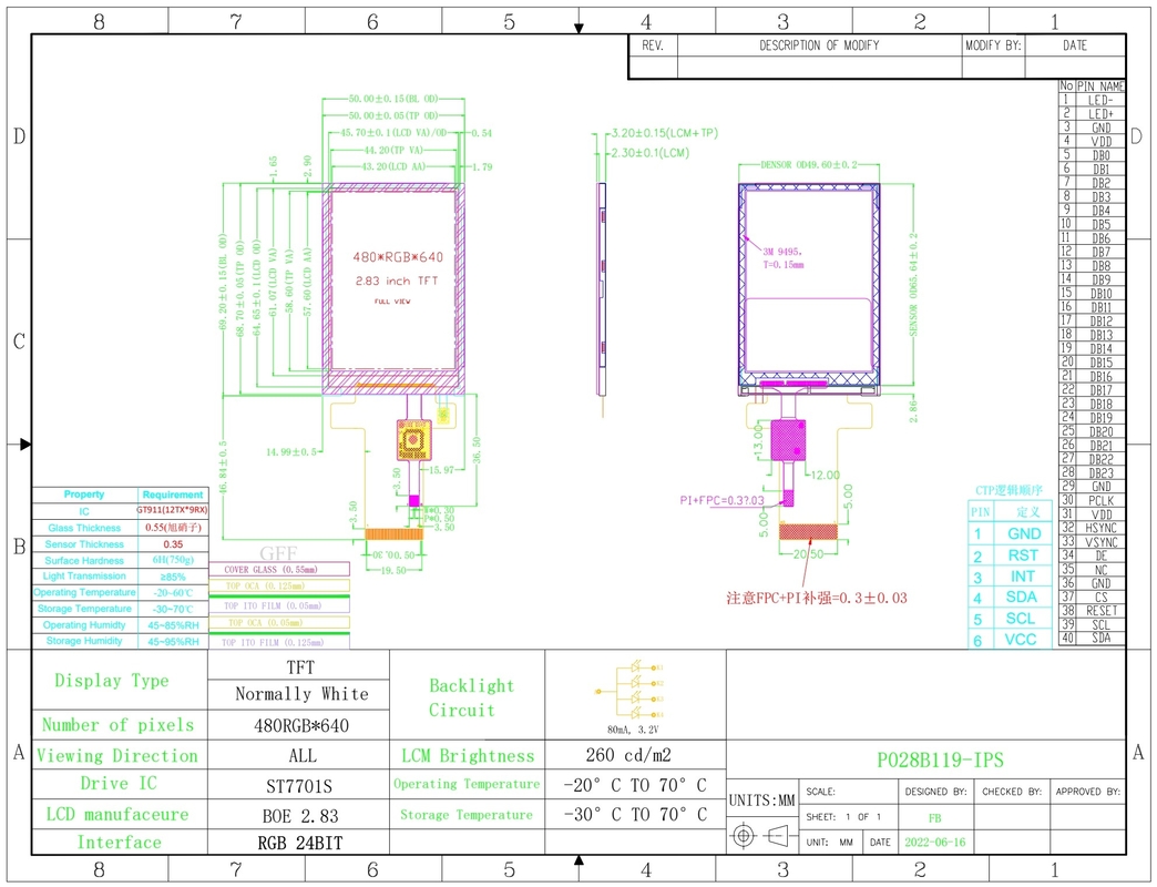 Polcd 2.8인치 480*640 해상도 RGB 인터페이스 터치 패널 ST7701S LCD TFT 디스플레이 모듈