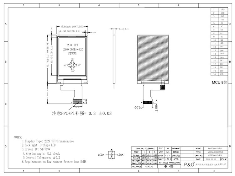 Polcd 262K 2.4Mm 2 인치 Lcd 스크린 ST7789V IPS TFT LCD 디스플레이 240X320