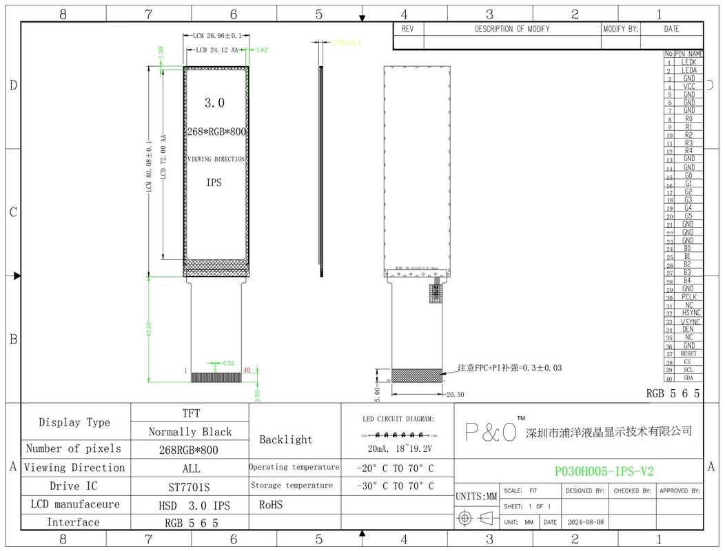 Polcd 3인치 268x800 IPS 화면 40pin RGB565 인터페이스 700 nit ST7701S 3