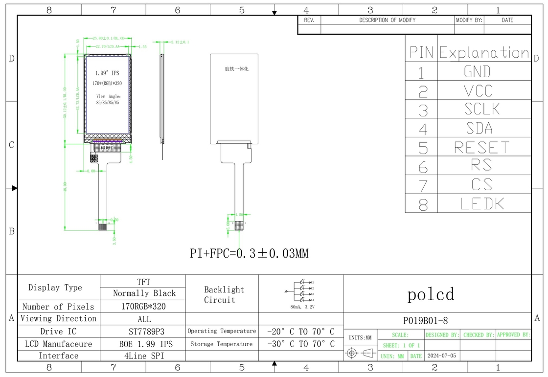Polcd 작은 크기 1.9인치 LCD 디스플레이 170*320 전송 IPS TFT LCD 모듈 화면