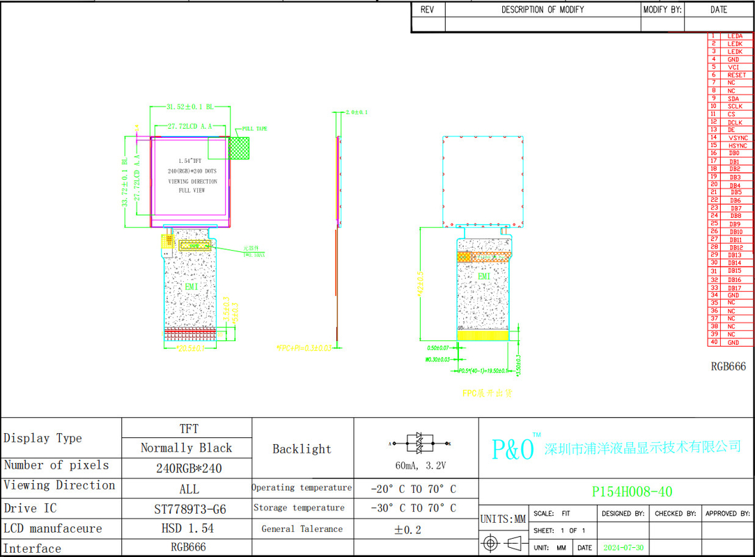Polcd 1.54 인치 IPS TN 마이크로 TFT LCD 모듈 LED 백라이트 240x240 ST7789T3 드라이버 IC LCD 디스플레이 화면