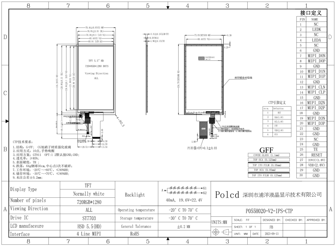 Polcd 5.5 인치 IPS TFT LCD 720x1280 MIPI 인터페이스 LCD 디스플레이 모듈과 함께 전체 관점