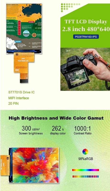 Polcd 2.8 인치 IPS LCD 디스플레이와 MIPI 인터페이스 480x640 해상도 300nits 2.8 