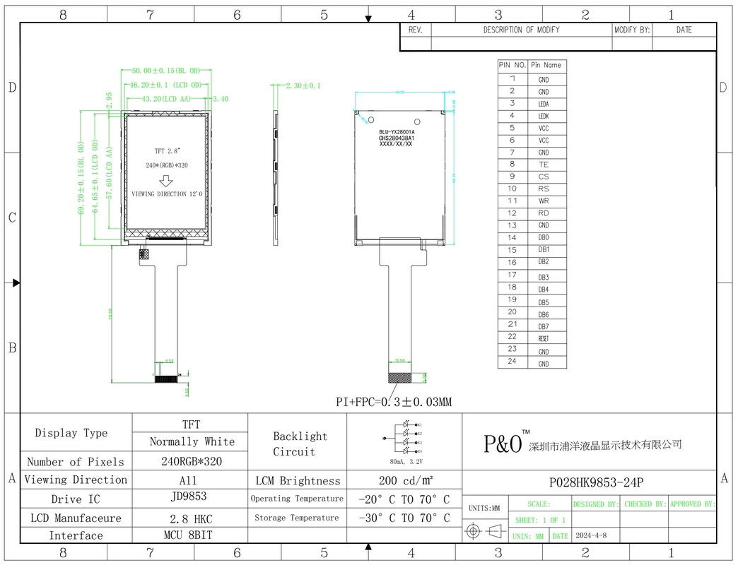Polcd 2.8 인치 240*320 해상도 50pin Tft LCD 화면 디스플레이 모듈 2.8 