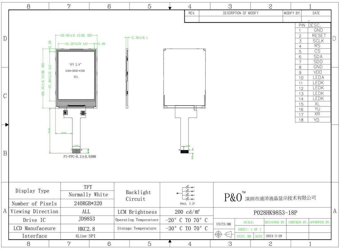 Polcd 2.8 인치 240x320 IPS TFT LCD 화면 SPI JD9853 IC 모든 무료 관점 패널 디스플레이 모듈