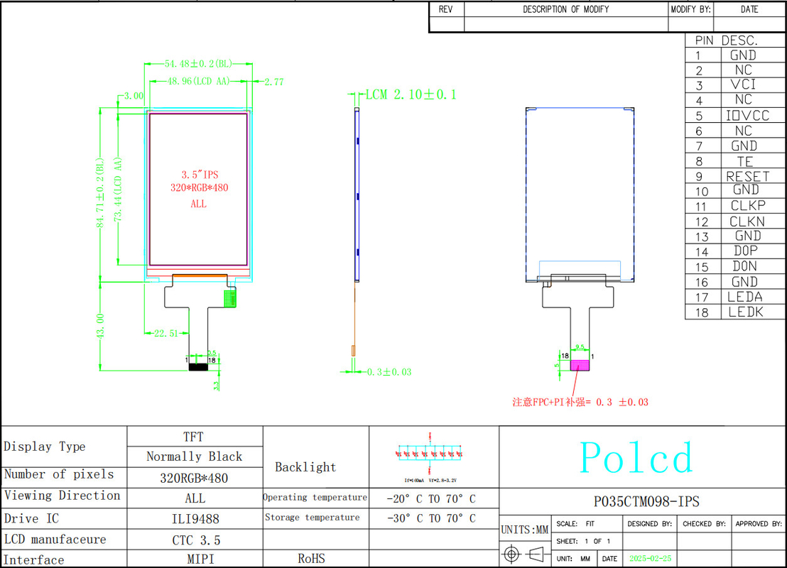 Polcd 3.5 인치 IPS TFT LCD 320*480 Ili9488 드라이브 Ic 600:1 콘트라스트 비율 LCD 디스플레이 모듈