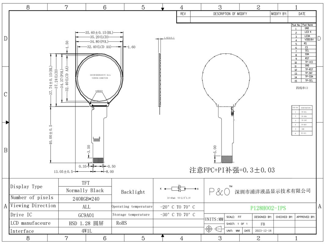 Polcd 작은 둥근 1.28 인치 LCD 화면 240*240 1.3 인치 Spi 인터페이스 IPS 원형 Tft LCD 모듈 패널