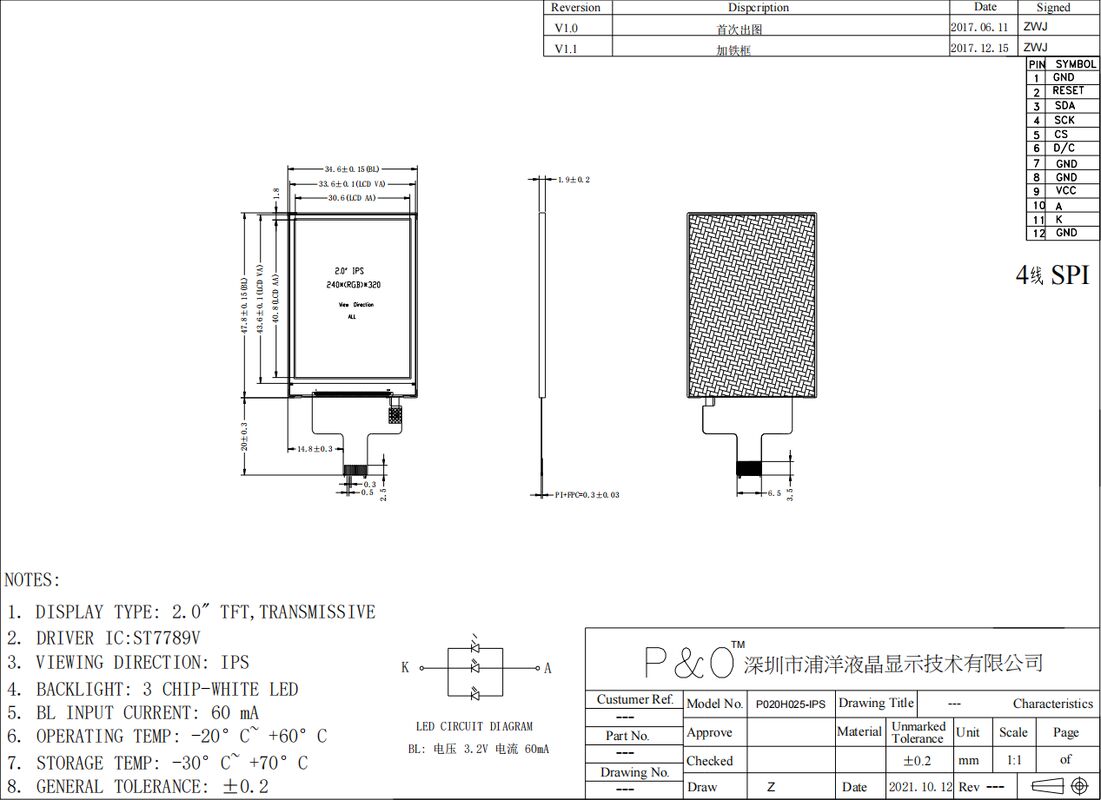 Polcd SPI 인터페이스 IPS 컬러 디스플레이 패널과 함께 사용자 정의 가능한 2 인치 240x320 TFT LCD 모듈