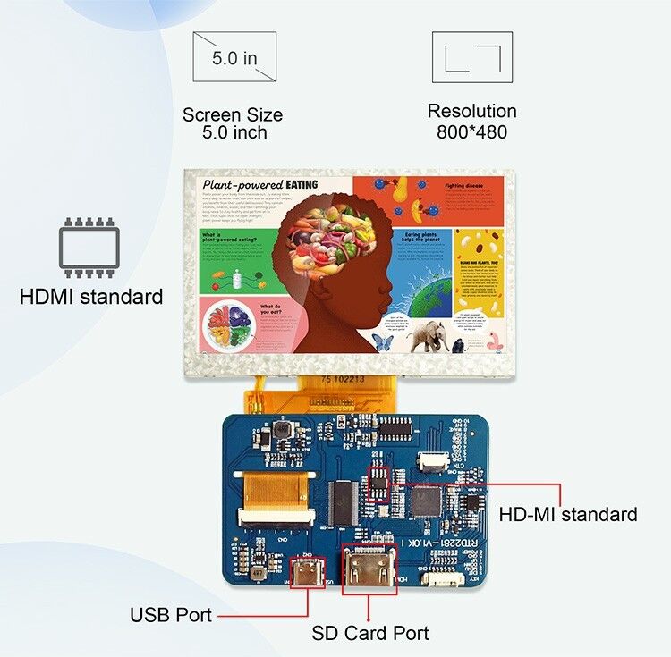 Polcd RTD2281 LCD 드라이버 보드 5 4.3 인치 HDM-I 800x480 터치 스크린 TFT 디스플레이 모듈 라즈베리 파이