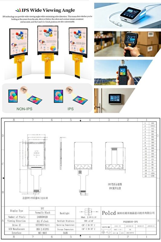 Polcd 액체 결정 디스플레이 2.0 인치 미니 풀 컬러 ST7789 MCU IPS 풀 앵글 뷰 240x320 TFT LCD 모듈