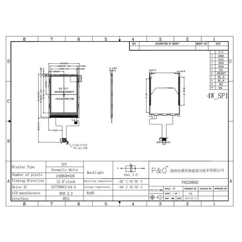 Polcd 240X320 2.2 인치 LCD 디스플레이 ST7789V 작은 Tft 모니터 300 밝기