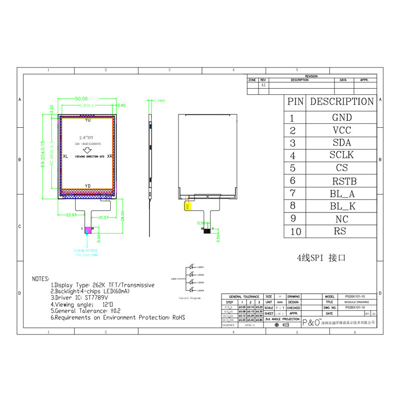 Polcd RoHS 2.8 인치 LCD 디스플레이 300cd/M 고휘도 LCD 모니터