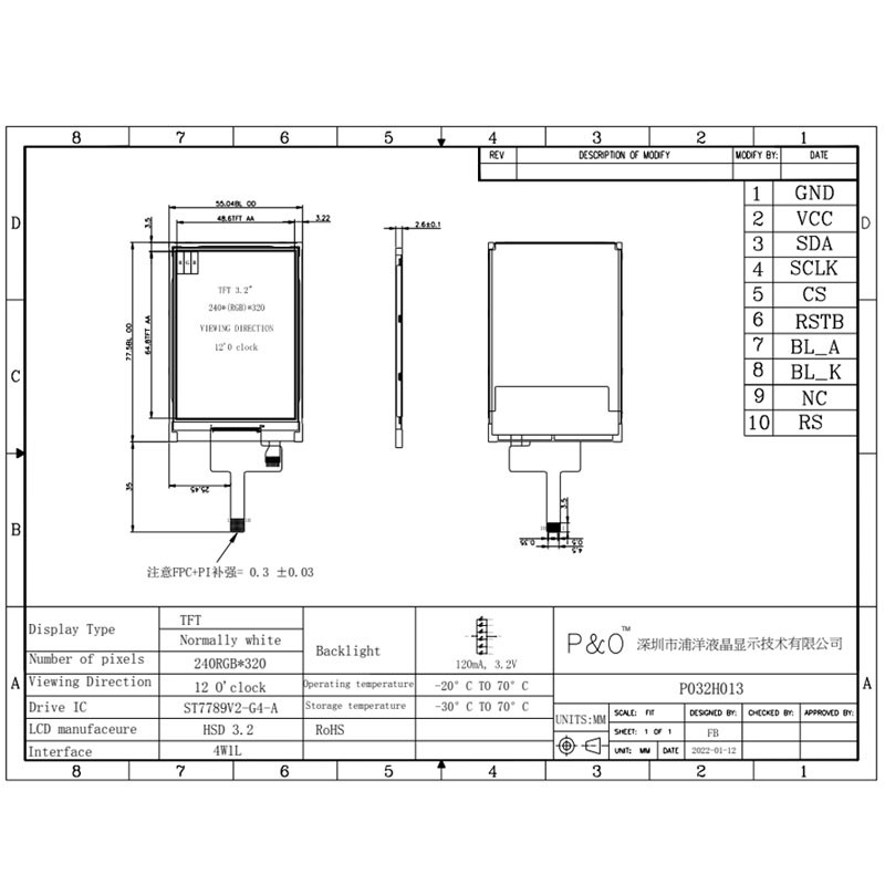 Polcd ST7789V 3.2 인치 320x240 터치 LCD 4 라인 SPI 고휘도 LCD 모니터