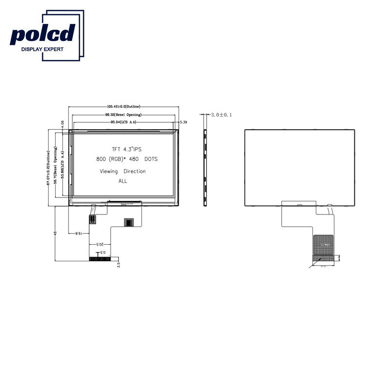 Polcd ST7262E43 4.3 인치 전기 용량 터치스크린 40 Pin Lcd 800x480 300 Nit